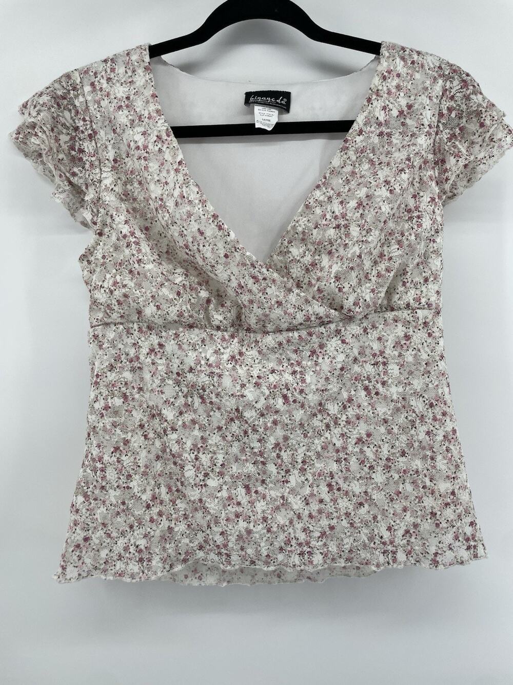 b.i.y.a.y.c.d.a. Women’s Size L Baby Doll Top Lace Floral Lined Blouse V-Neck
